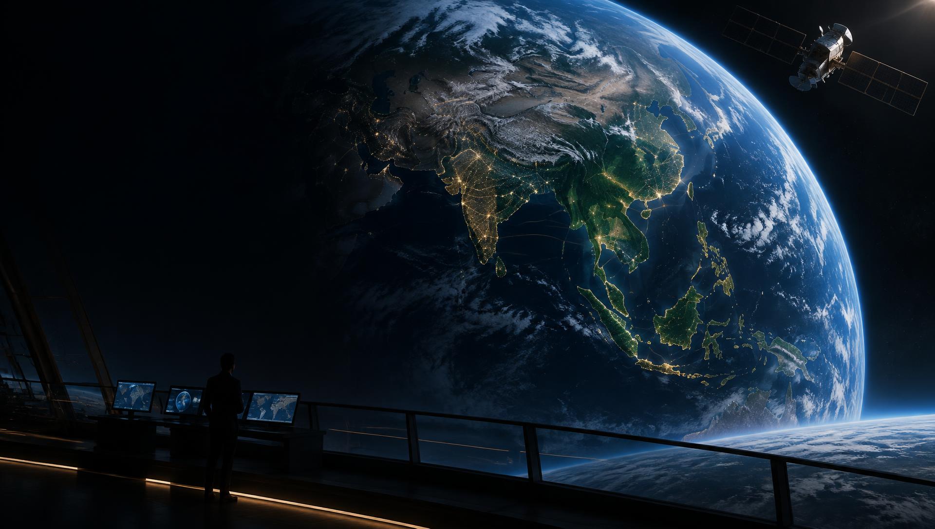 Earth over Asia with a satellite and a professional in a technology observation room