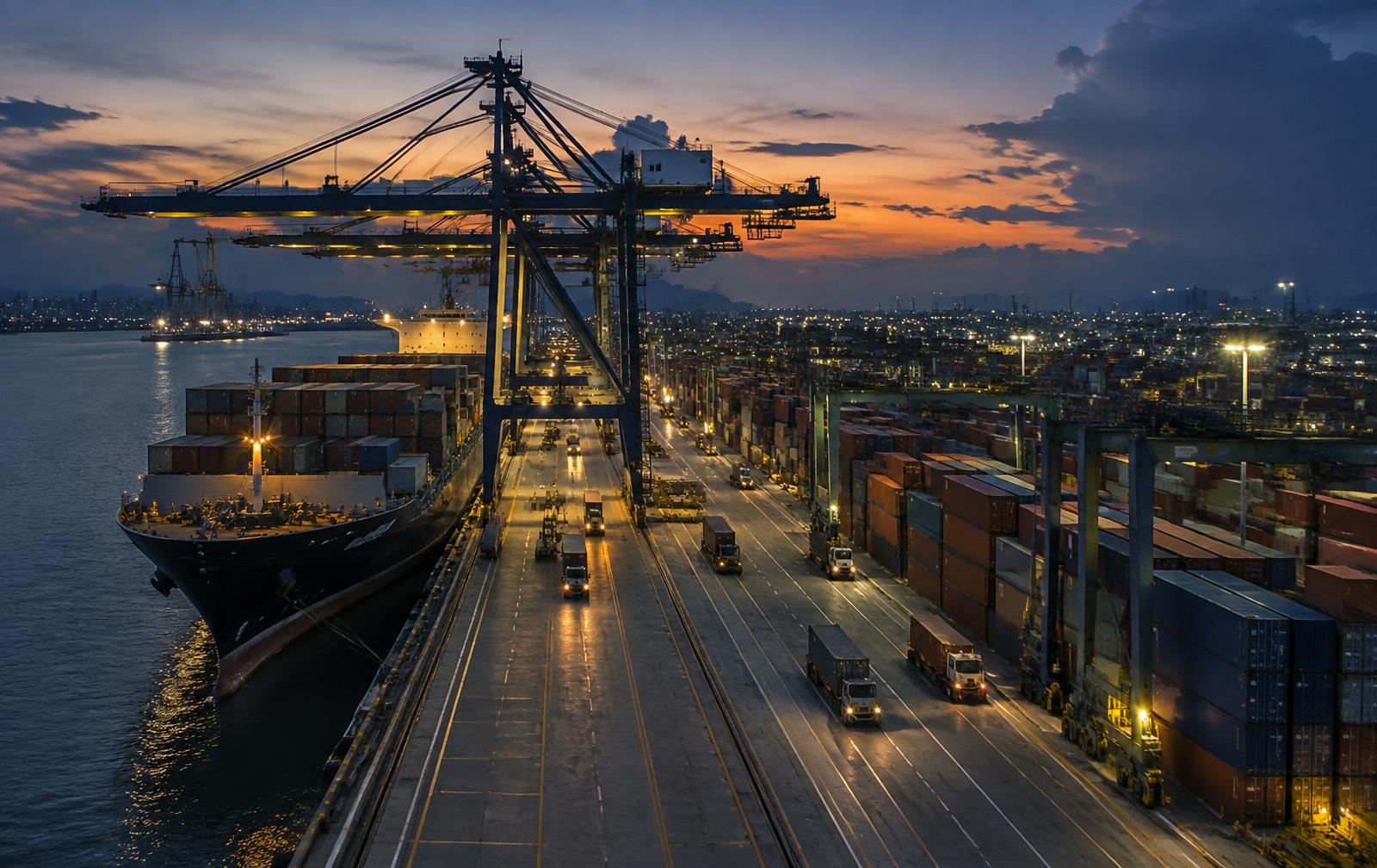 Industrial port and supply chain operations at dusk